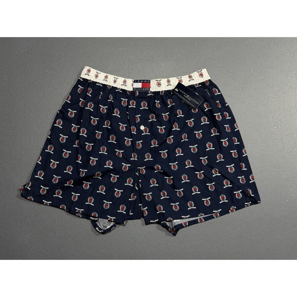 NWT Vtg 2000s Tommy Hilfiger Crest Boxers Large Navy AOP Cotton Lounge Shorts